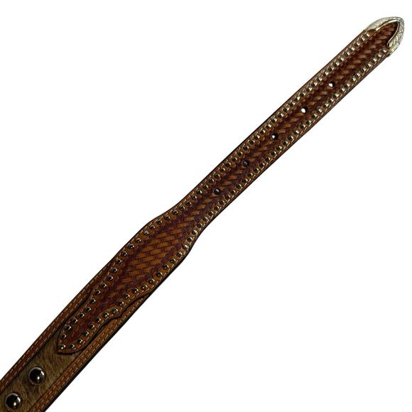Ranger Belt Co Basket Weave Hair On Hide Studded Brown Leather Belt No Buckle 32 main image 8